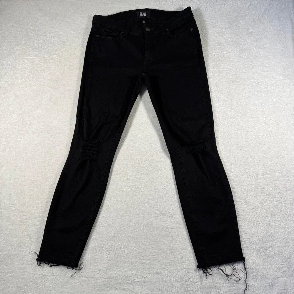 Paige Verdugo Crop Jeans Womens 30 Black Distressed‎ Skinny Ripped Raw Hem USA